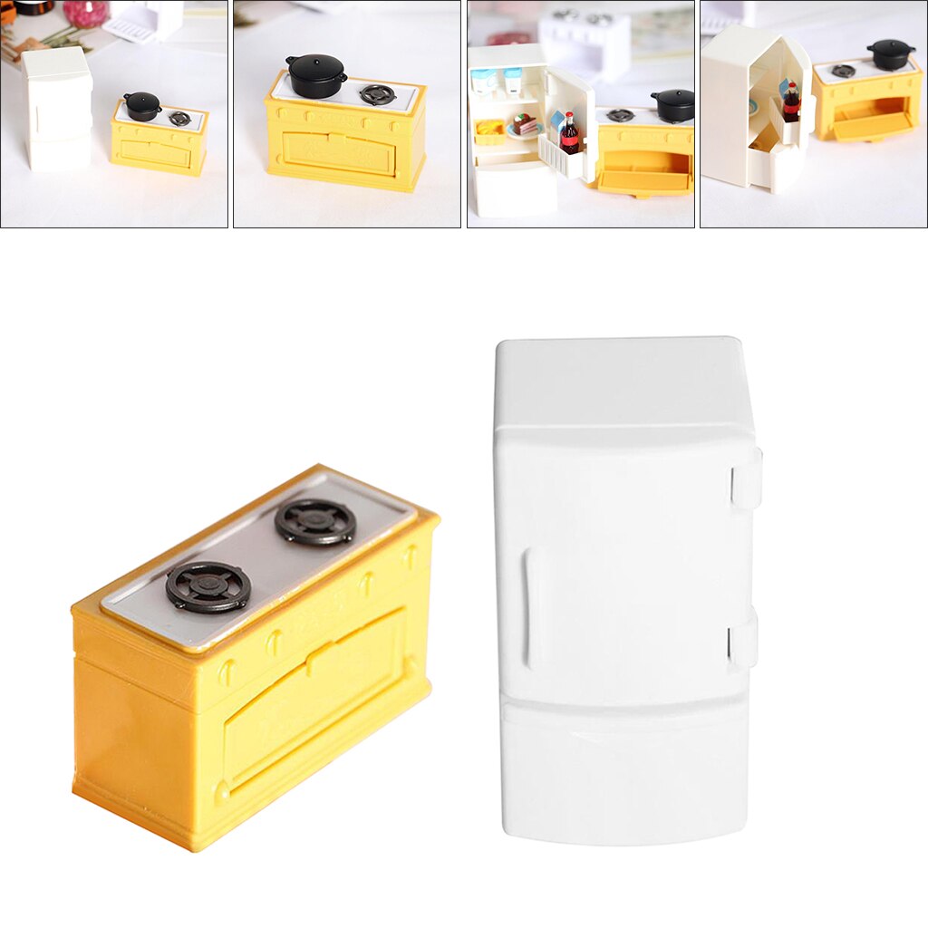 1:12 Scale Doll House Modern Miniature Plastic Kitchen Fridge Refrigerator Stove Burners Furniture Set for OB11 Dolls Decorative