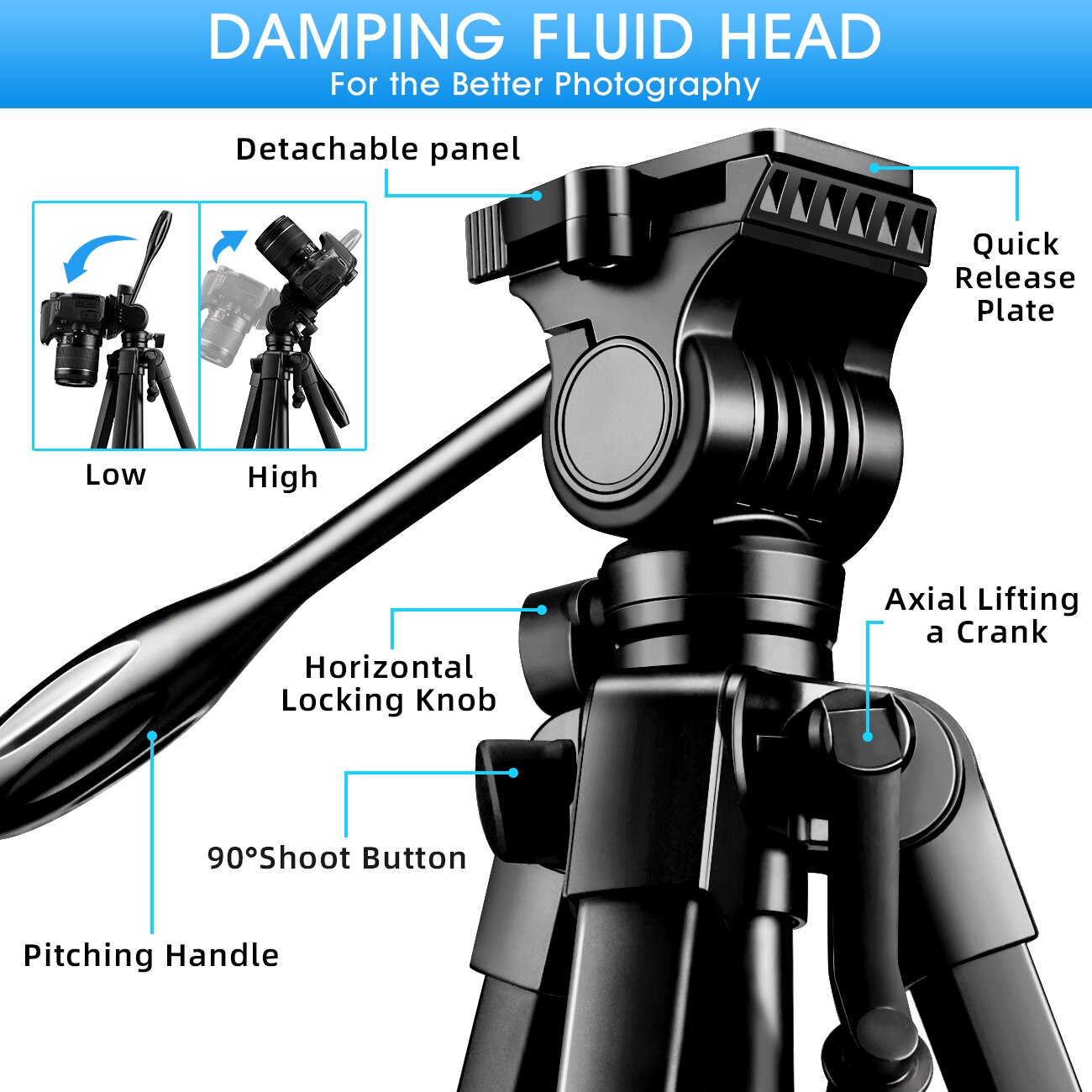 Camera Tripod 150cm/60-Inch for DSLR with Phone Holder &amp; Remote/Aluminium Fluid Head Video Selfie Photography Telescope Tripod