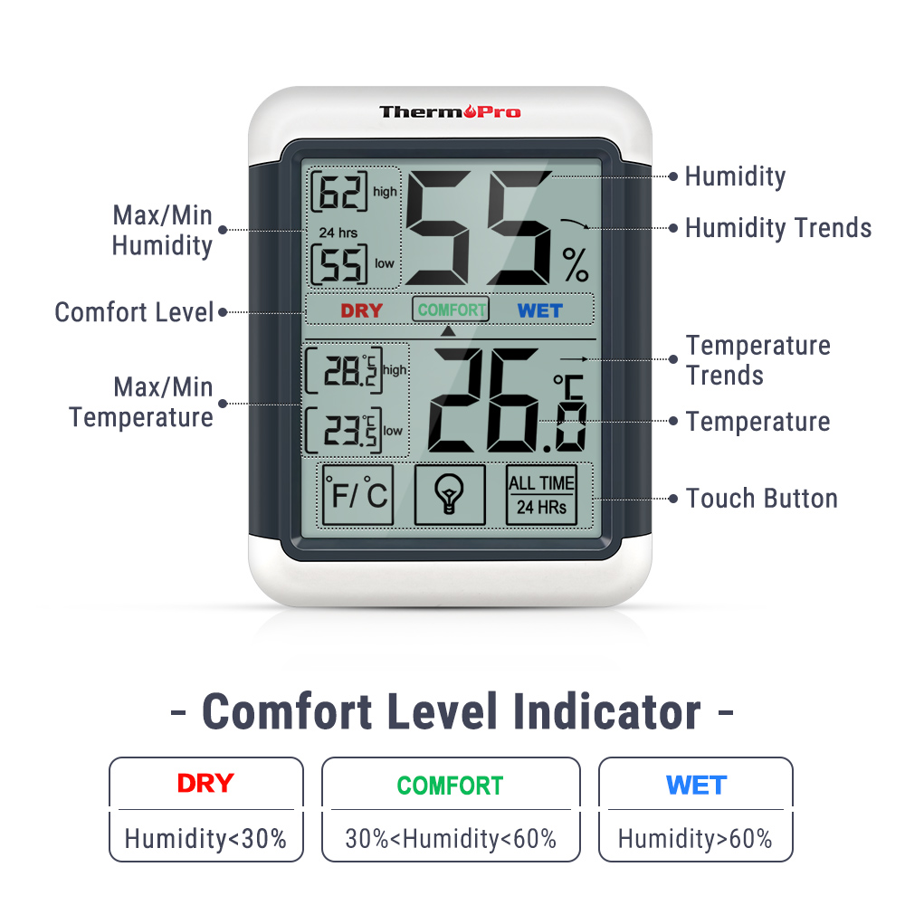 ThermoPro TP55 Digital Thermometer Hygrometer Indoor Weather Station For Home Backlight Room Thermometer Touch Screen