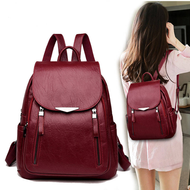 Afslappet kvindelig læder kvinders rygsæk stor kapacitet skoletaske til pige dobbelt lynlås fritid skuldertaske rygsæk
