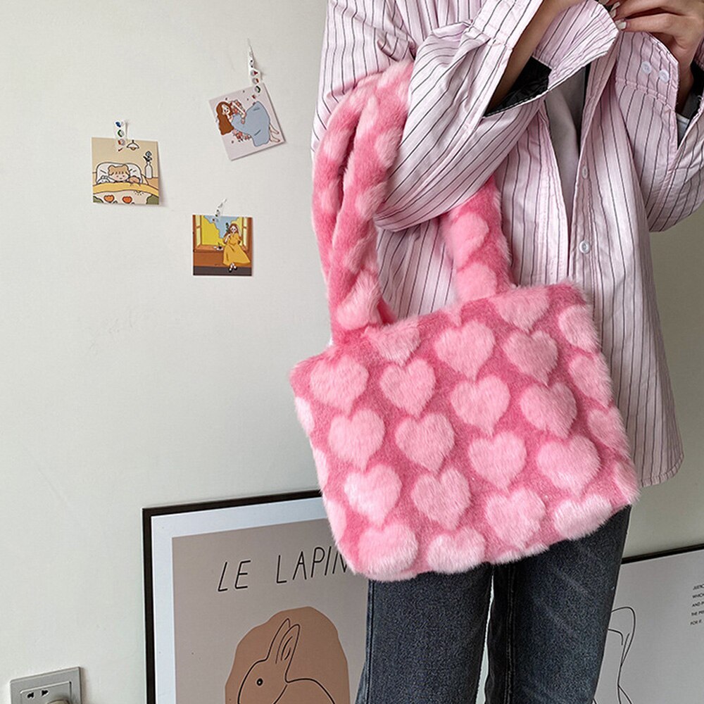 Bolso de hombro esponjoso de alta capacidad para mujer, de leopardo estampado de cebra, bolsas para las axilas con patrón de corazón de amor, bolsas de mano de piel cálida de felpa suave