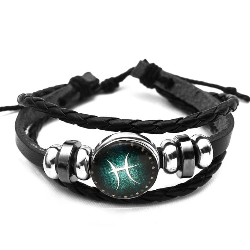 Luminosas 12 Constelaciones pulsera de cuero signo del zodiaco con abalorios pulseras trenzadas Punk para Niños Accesorios de la joyería de los hombres: Pisces