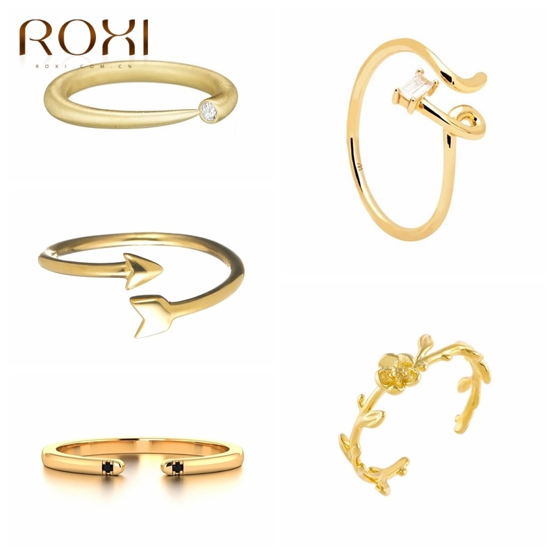 ROXI Minimalism Line Rose Gold Open Rings for Women Crystals Ring 925 Sterling Silver Jewelry Multi-style Geometry Finger Ring