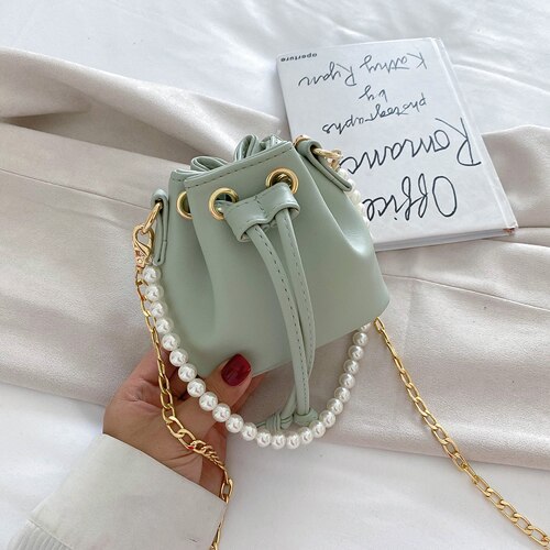Dames mini emmertas parel handtas pu leer effen kleur ketting schoudertassen kleine schattige dames crossbody handtas: Groente
