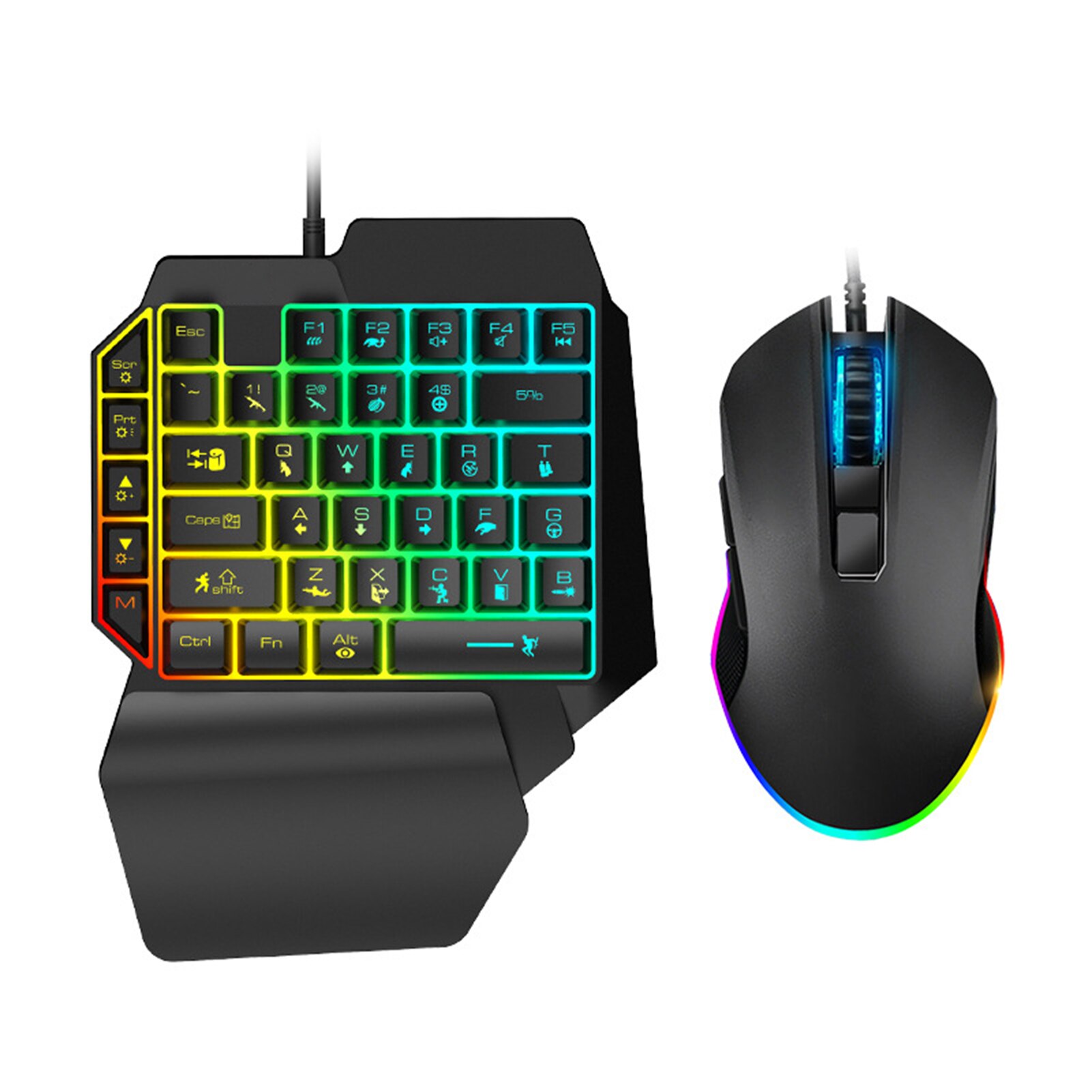 T1 Keyboard Mouse Combos Ergonomic Multicolor Backlight One-Handed Game Keyboard Mouse Set For Home Gamer Gaming Kit: Default Title