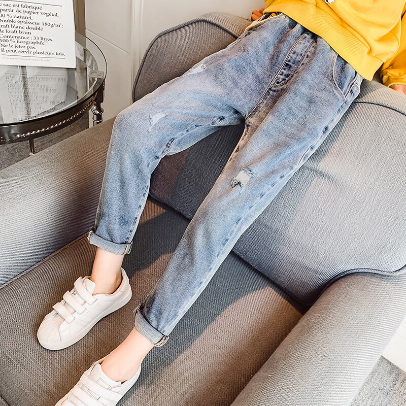 enfants pantalons jean bébé filles automne Denim pantalon déchiré jean cassé trou coton doux étudiant filles vêtements ours crayon pantalon