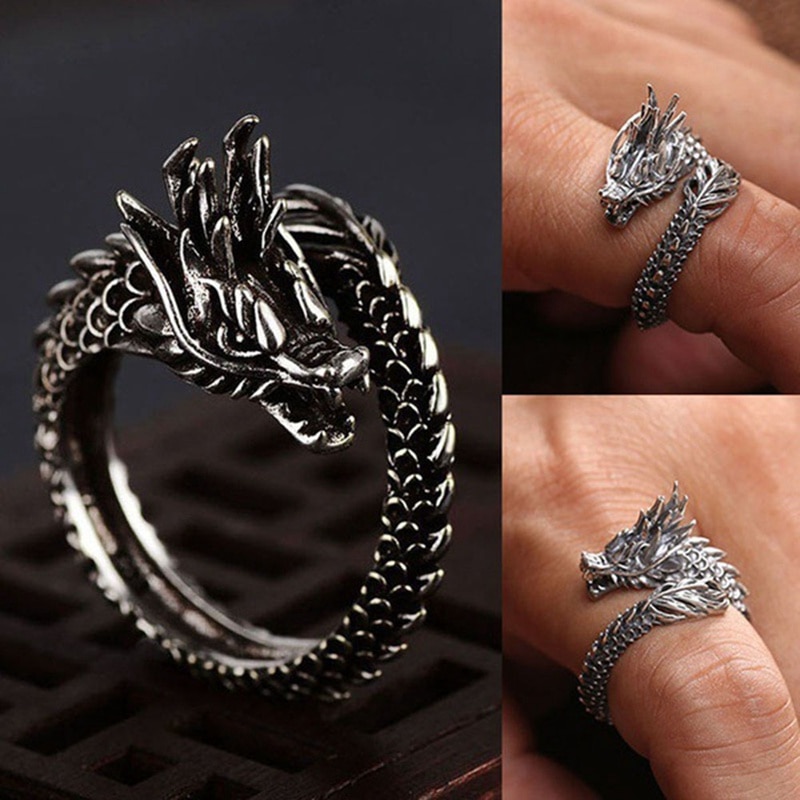 Retro Adjustable Silver Dragon Ring For Men Women Personality Finger Opening Rings