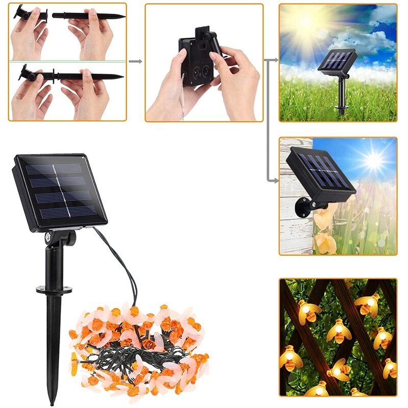 Solar Outdoor Garden String Lights - 8 Mode 50 LED Waterproof Bees String Lights for Yard/Christmas Tree/Parties