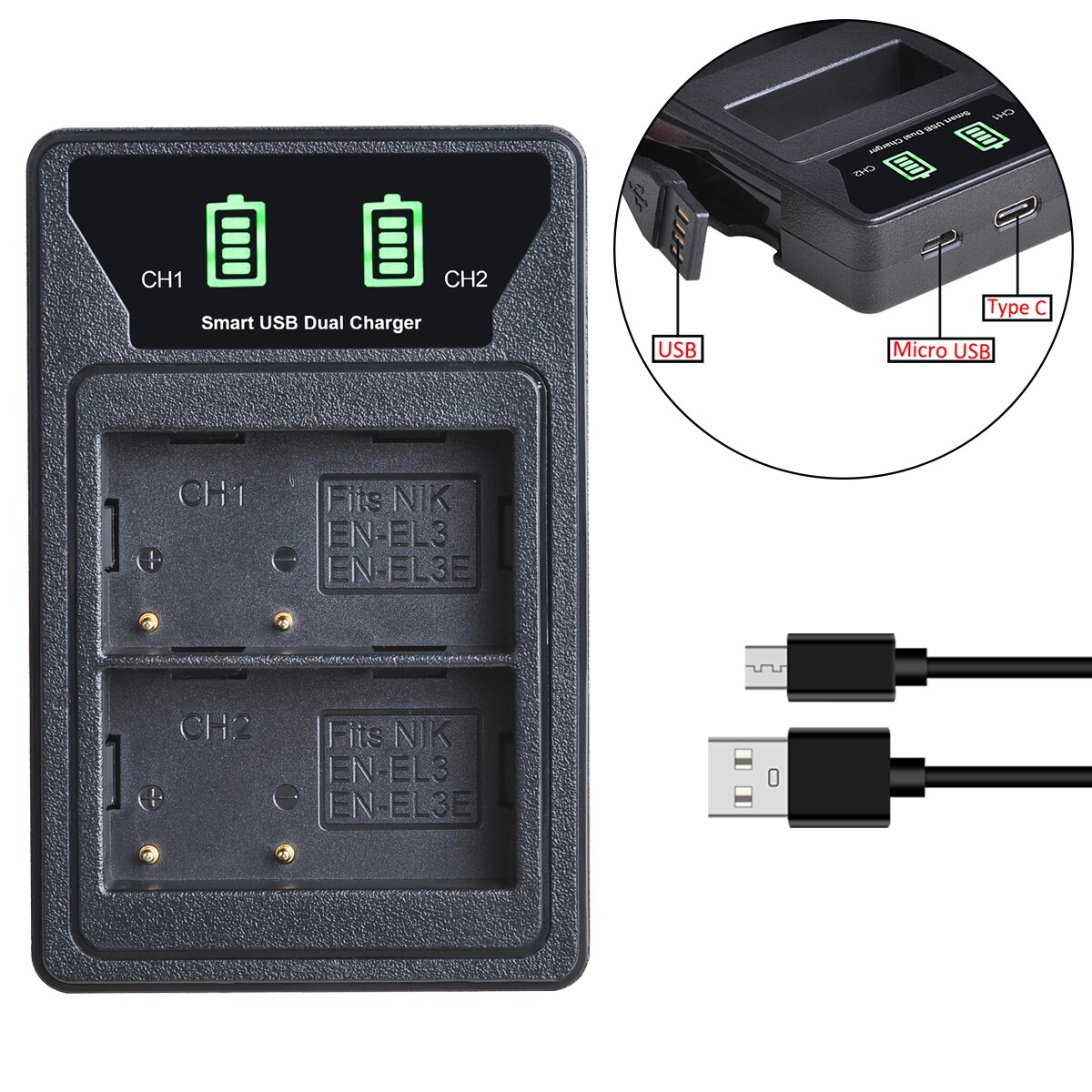 EN-EL3e Battery Charger for Nikon EL3e EL3a ENEL3e Battery D300S D300 D100 D200 D700 D70S D80 D90 D50: 1x  KB Charger