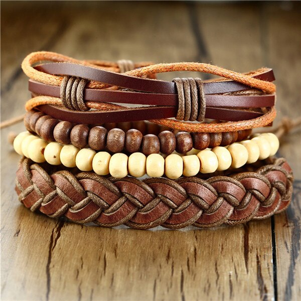 ZORCVENS 4 pieces/ Set Leather Bracelets for Men Braided Rope Wristband Vintage Style Male Bangle: 83355