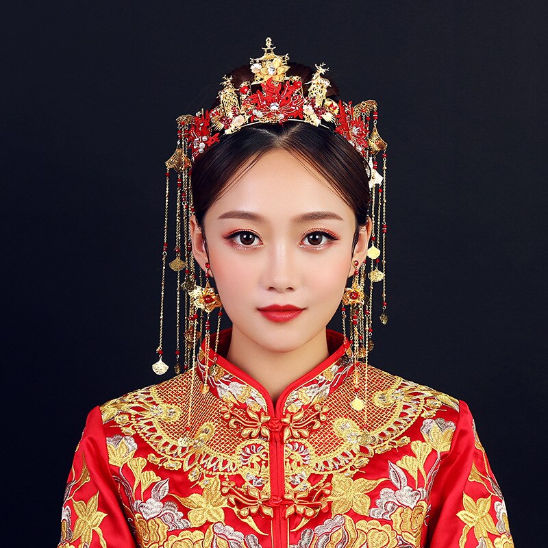 Chinese style red Phoenix crown bridal hair decoration wedding tiara hair jewelry