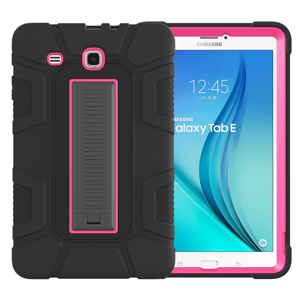 Voor Samsung Galaxy Tab E 9.6 inch T560 T561 Case Kinderen Veilig PC Silicon Hybrid Anti-fall Shockproof Stand tablet Cover: Black - Rose Red