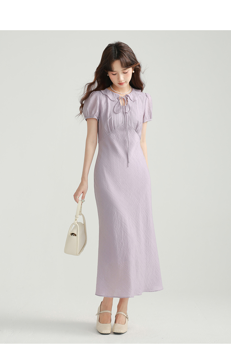 Women French Style Purple Short Sleeve Dress Waist-Cinching Puff Sleeve Long Dress Petite Fit Soft and Feminine Dress