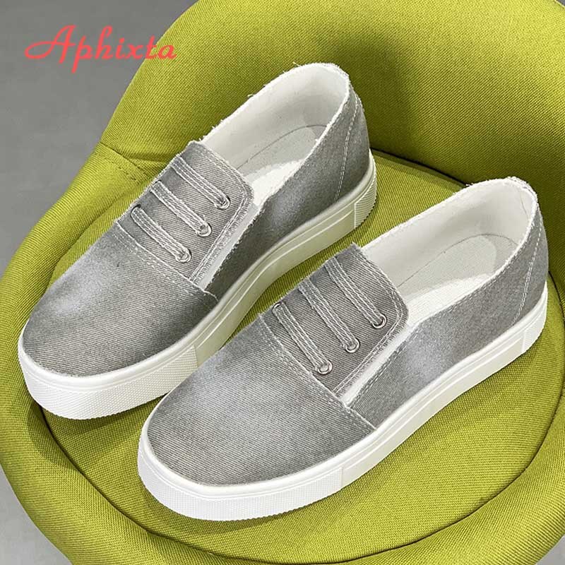 Aphixta plus stor storlek 43 denim tyg plattor skor kvinnor sneakers platt klack skor kvinna jean tyg platåklackar sko: Grå / 11