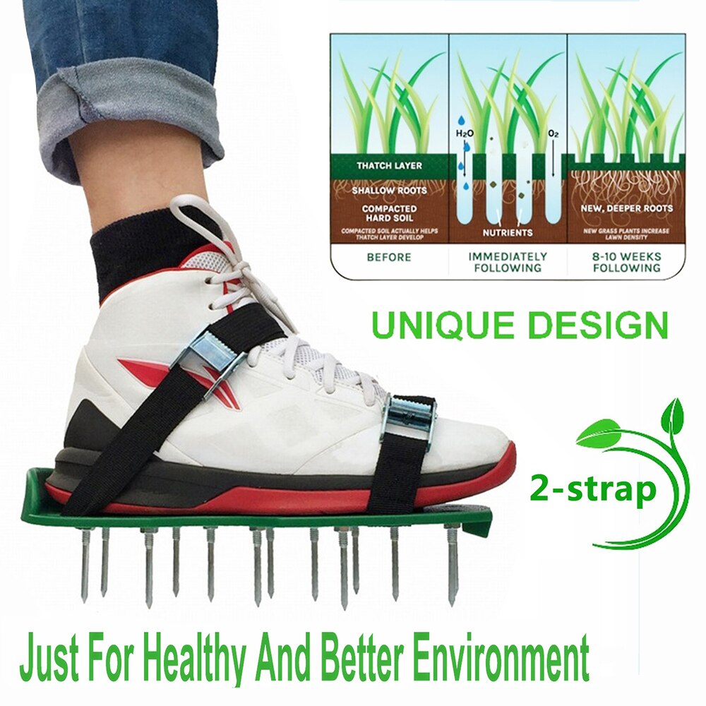 Aérateur de chaussures de pelouse, outil efficace pour aérer le sol de cour, sandales aérées à pointes de 2.2 "avec 2 sangles réglables, boucle métallique