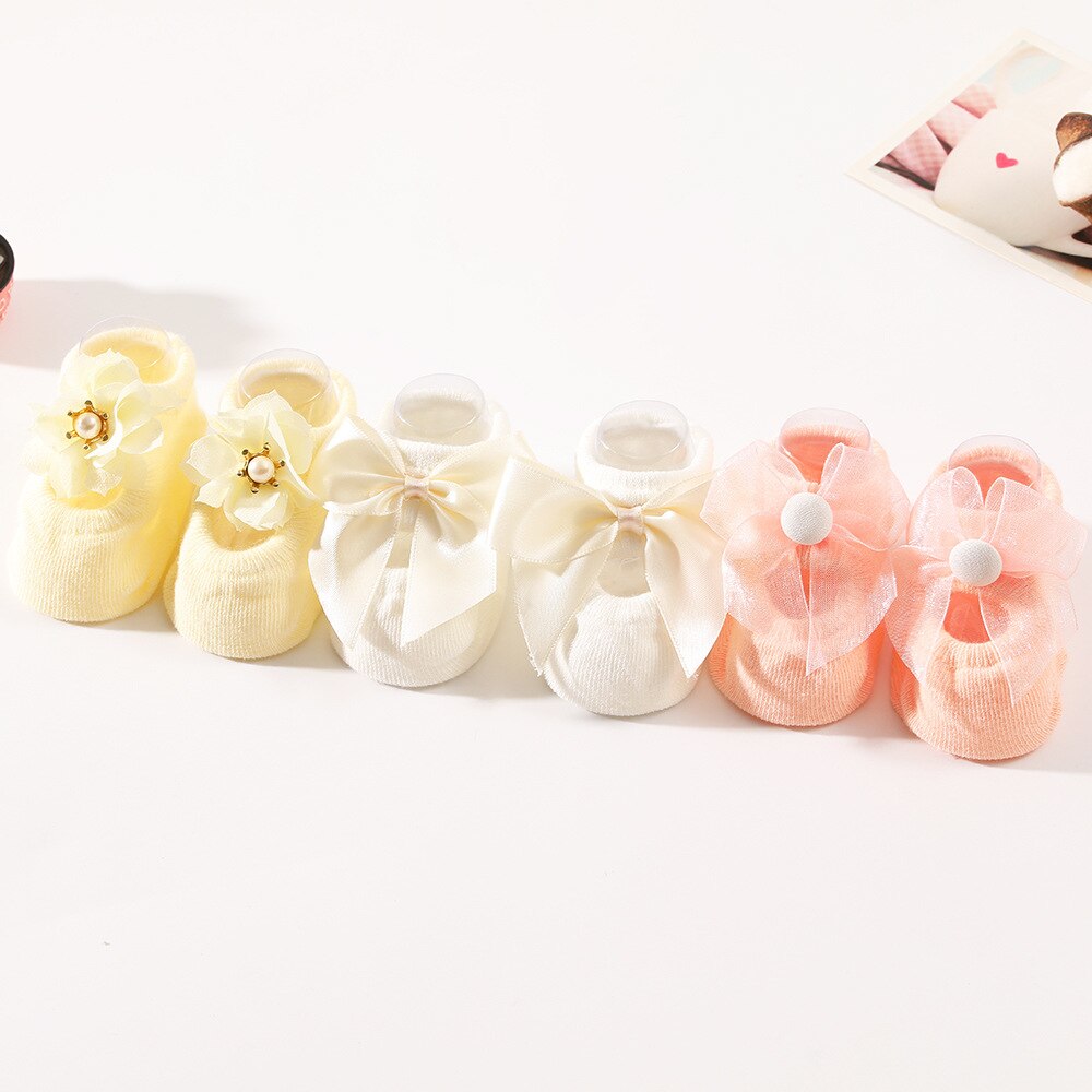 3 Paren/set 0-12Months Baby Sokken Leuke Kant Bloem Parels Crown Bows Antislip Pasgeboren Baby Meisje Sokken Katoen Prinses meisjes Sokken