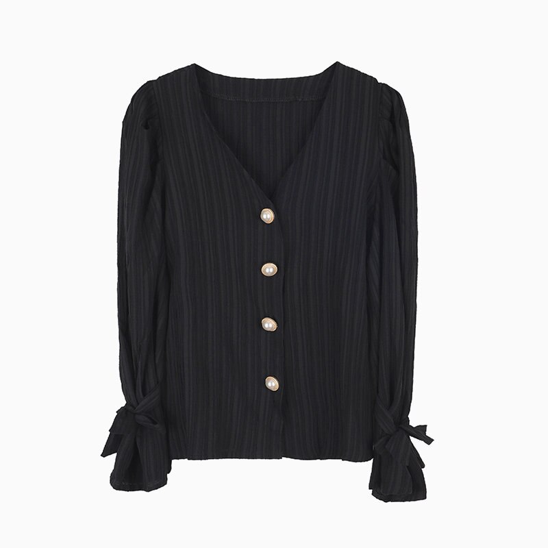 Alien Kitty Corea Retro elegancia Casual dulce perlas sólidas Chic suelta Vintage combina con todo Camisas de mujer: black