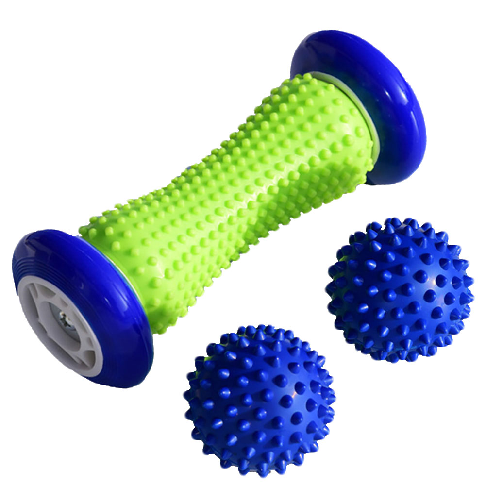 3pc fitness massage bold sensorisk træning greb bold bærbar fysioterapi bold plantar fasciitis massage rulle spiky bold: Blå