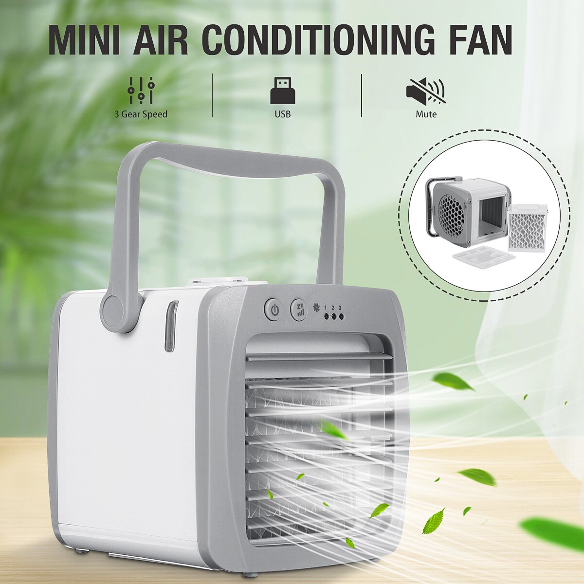 Home Mini Air Conditioner Portable Air Cooler Personal Space Air Cooling USB Rechargeable Air Conditioning 3 Speeds Desk Fan