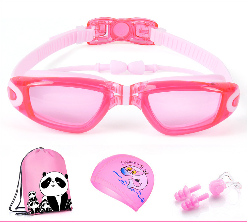 Børns svømmebriller anti-tåge uv recept svømmebriller vandtæt beskyttelsesbriller med etui, næseklemme, ørepropper, hætte, diverse taske: Linse gennemsigtig lyserød