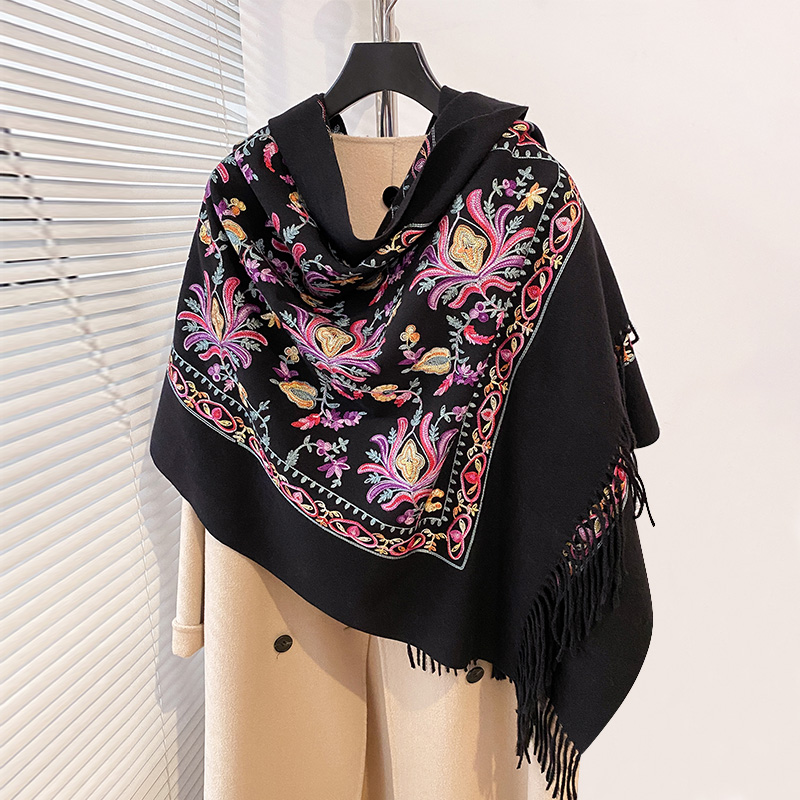 Luxo de alta qualidade bordado cachecol elegante feminino inverno grosso quente pescoço pashmina longa franja cachecóis senhora cobertor xale macio