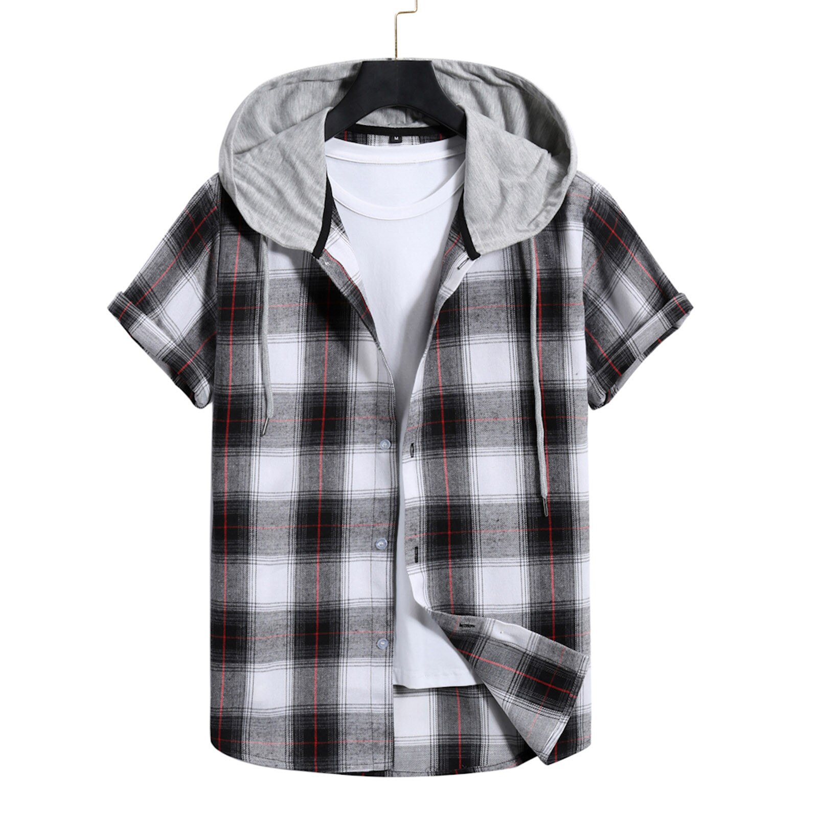 Mens Plaid Hooded shirt Checked Summer Shirt Casual Loose Short Sleeve Blouse Tops Men Chemise Homme Social Shirt Plaid Clothes