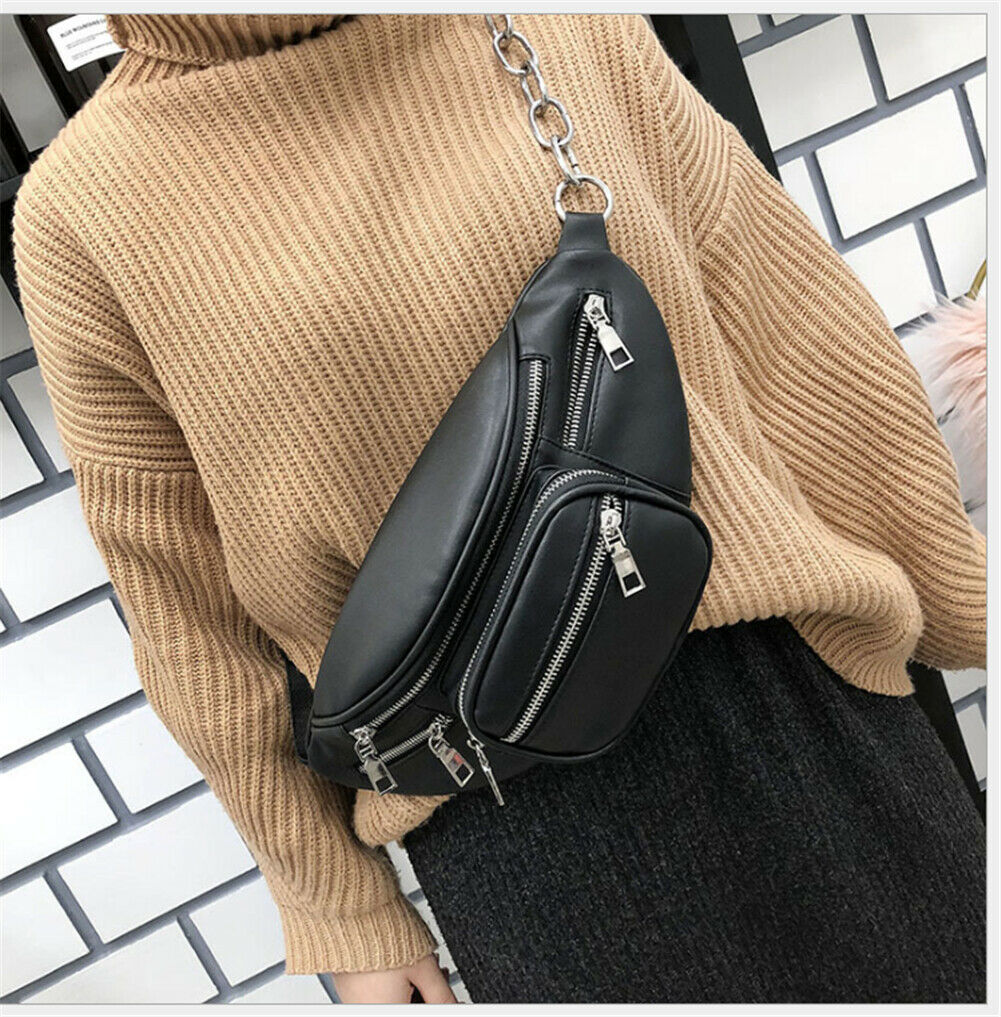 Newest Style Men Women PU Waist Bags Chain Black Solid Fanny Pack Travel Belt Purse Shoulder Bags Tote Waist Bag