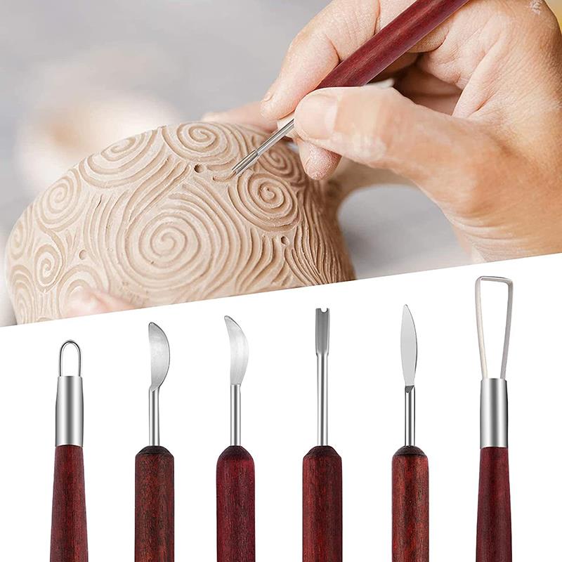 6pcs DIY Pottery Clay Tools Wooden Handle Pottery Carving Tool For Pottery Sculpture Ceramic Clay Trimming Cutting Kit
