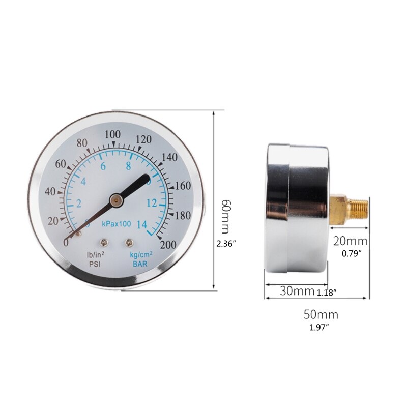 63mm Dia 0-200psi / 0-14bar Dual Scale Pneumatic &amp; Hydraulic All Purpose Pressure Gauge Meter Manometer Gas Water Oil