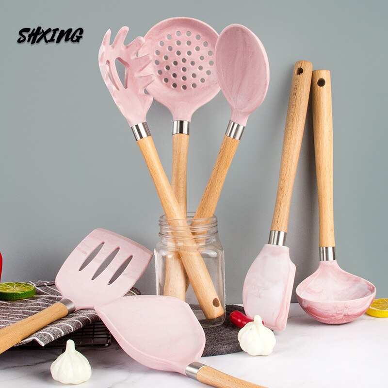 Silicone Kitchenware Cooking Accessories Set Hanging Hole Storage Stand Non-stick Cookware Spatula 7 Piece Set