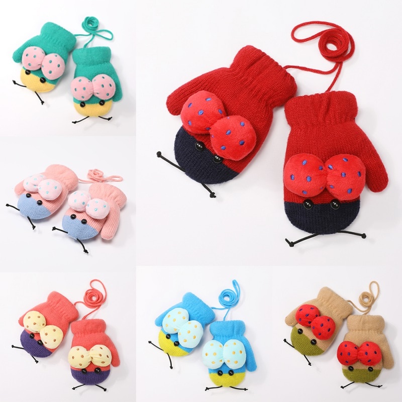 dessin animé mignon coccinelle bébé moufles hiver enfants bébé fille gants tricoté enfants enfant en bas âge dentition mitaines gants