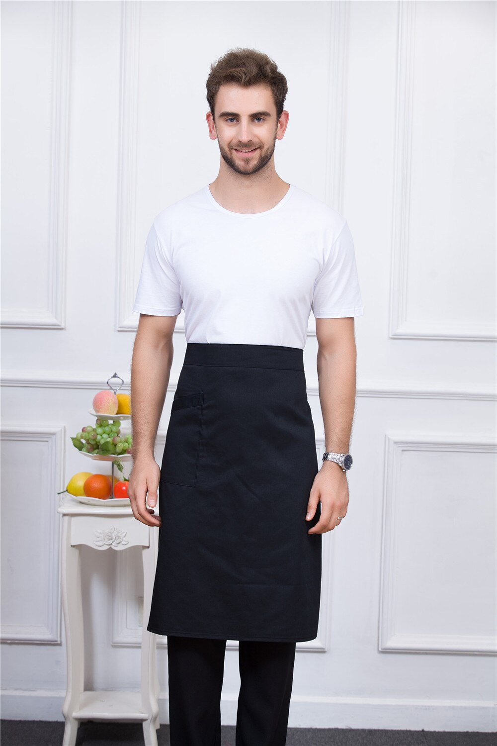7 kleuren Mannen Vrouwen Pure Kleur Verstelbare Chef Werk Uniformen Accessoires Keuken Koken Food Service Effen Schort met Een Pocket: Black