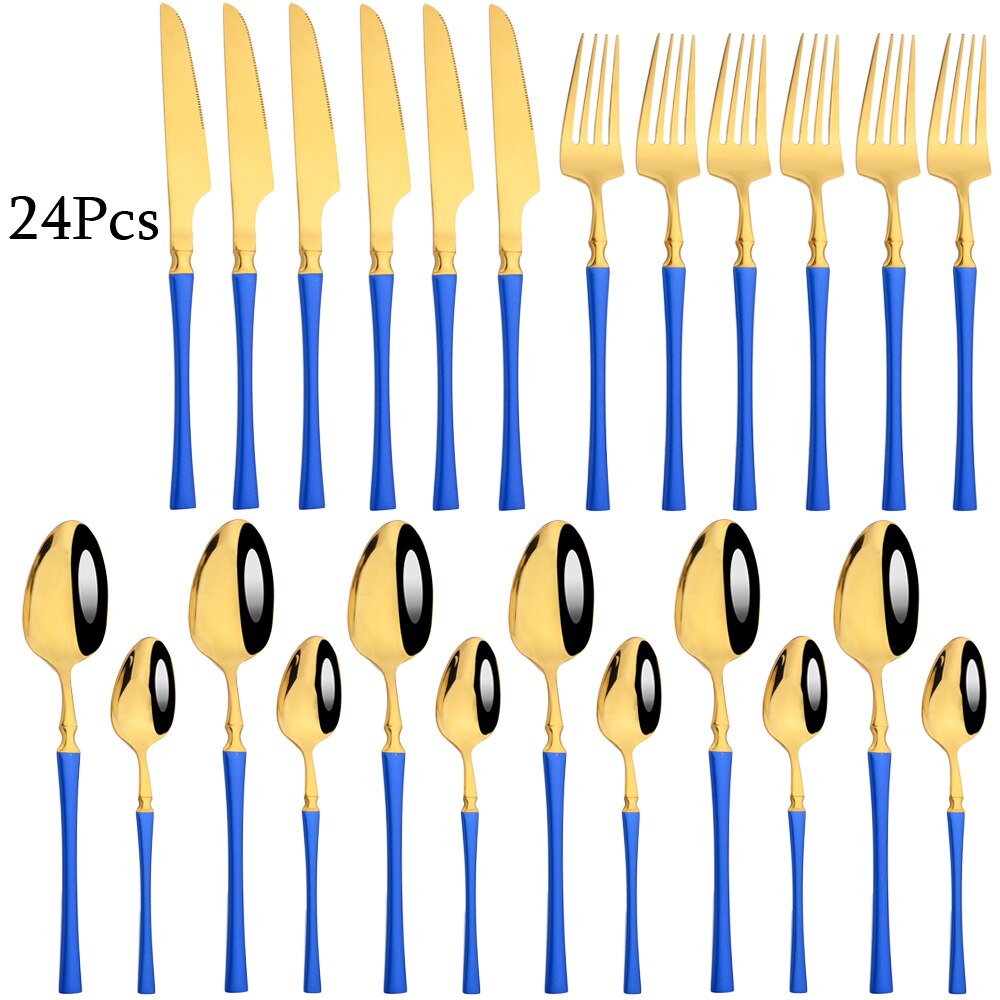 Couverts arc-en-ciel en acier inoxydable 304, 24 pièces, miroir, vaisselle, couteau, fourchette, cuillère à thé, couverts de cuisine, service d'argenterie: Blue gold