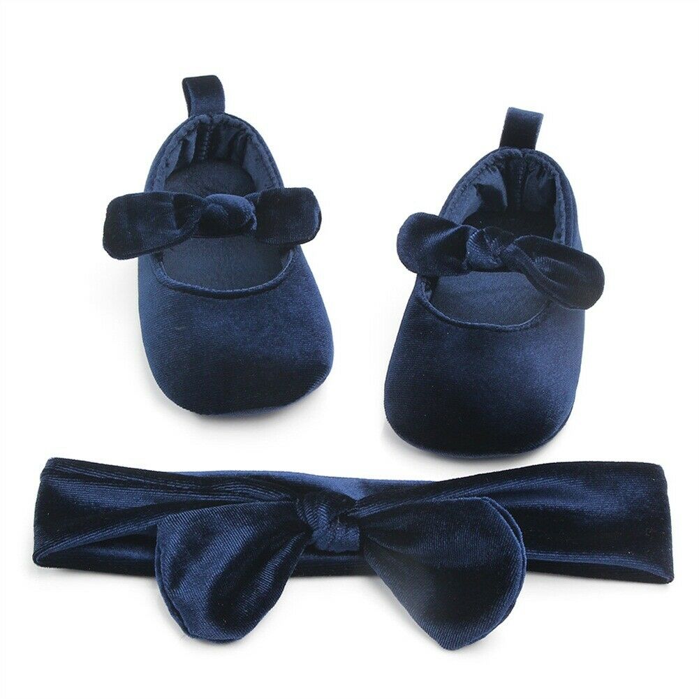 Helt nyfödd flicka mjuka guld sammetsskor med hårband spädbarn bowknot solid slip-on spjälsäng skor 0-18m 0-18m: Blå / 0-6 månader