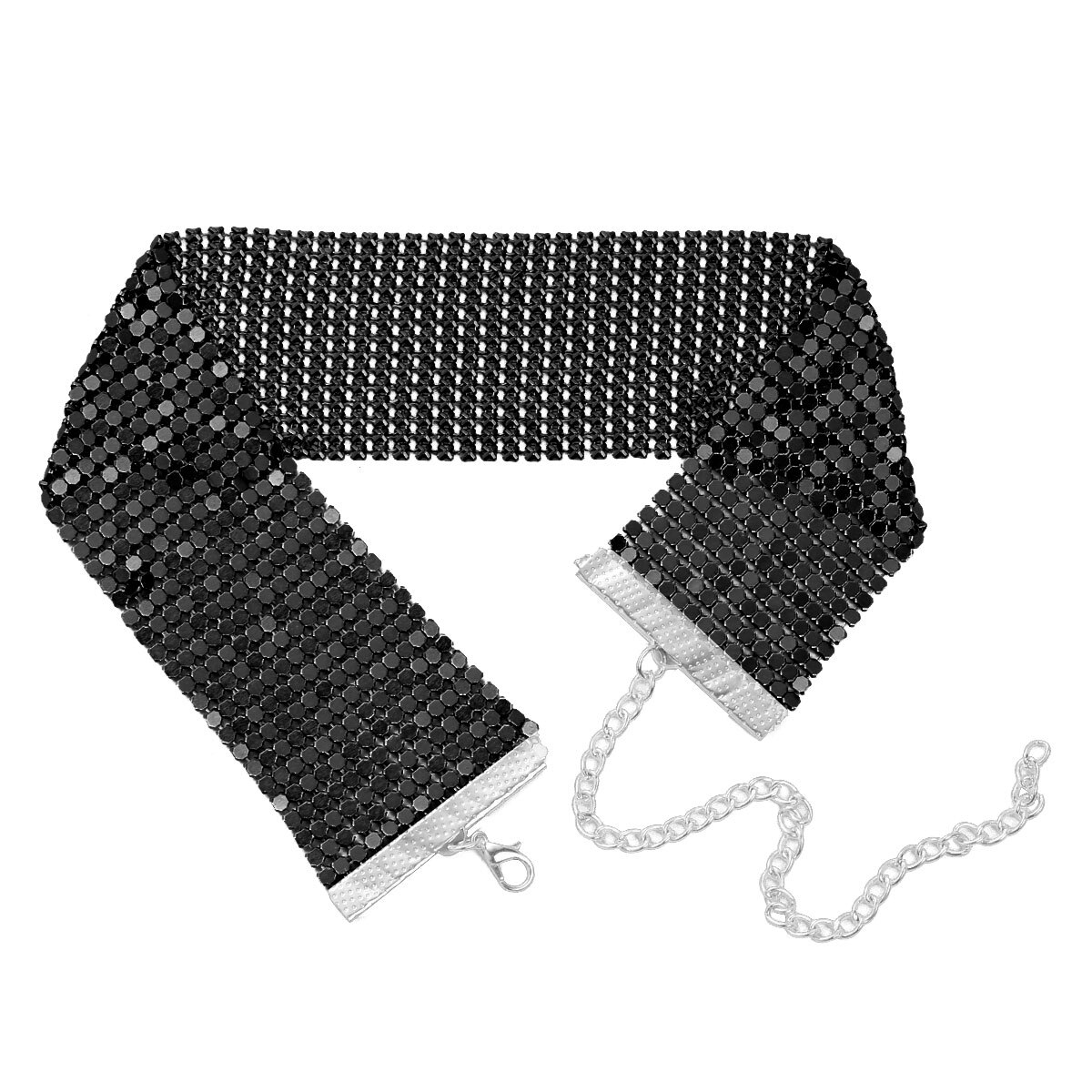 Collar de aleación brillante para mujer, gargantilla brillante, lisa, ajustable, de malla ancha, gargantilla plana: Black