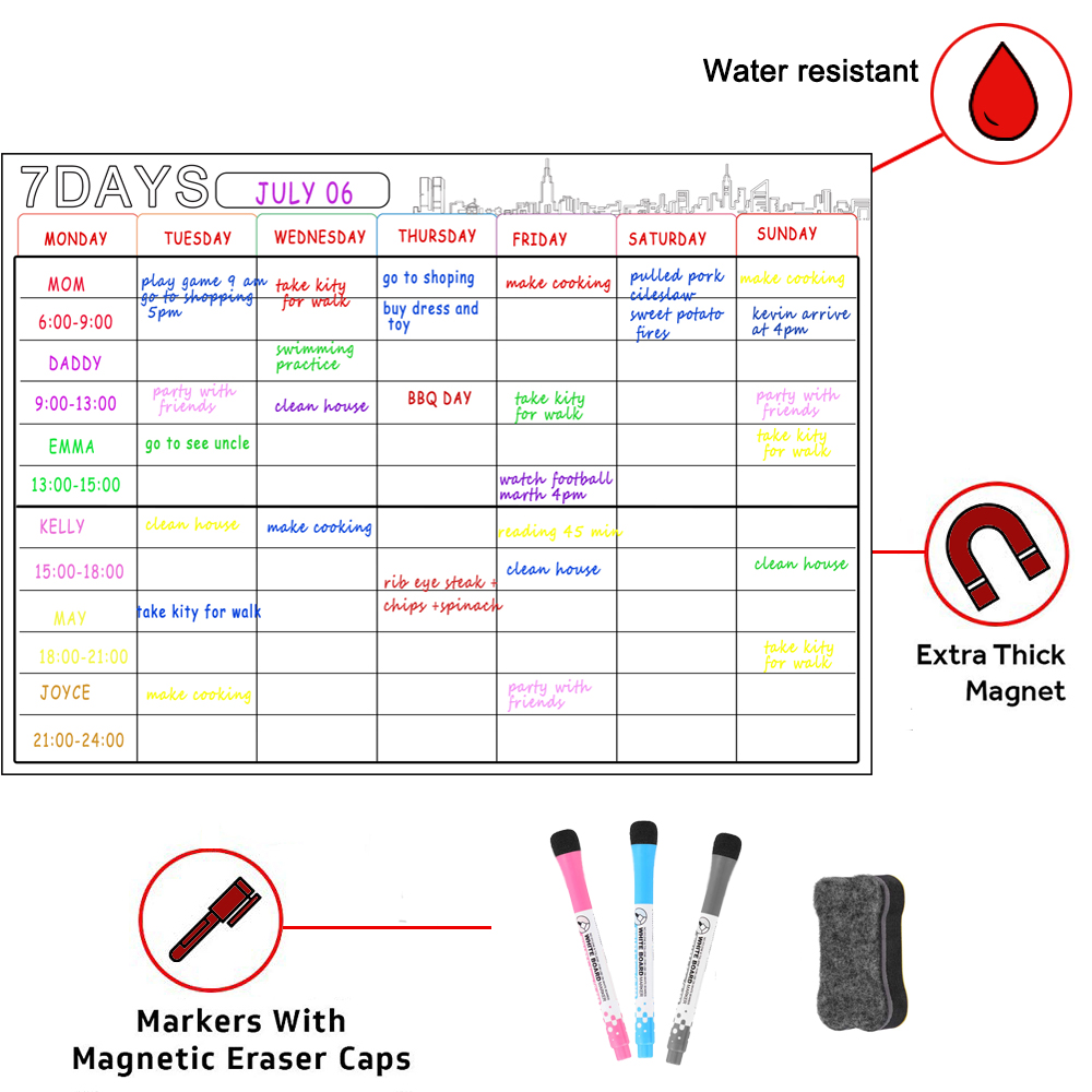 Dry Erase Calendar - A3 Magnetic Dry Erase Weekly Calendar for Refrigerator - Grocery List and Week Menu Board for Fridge