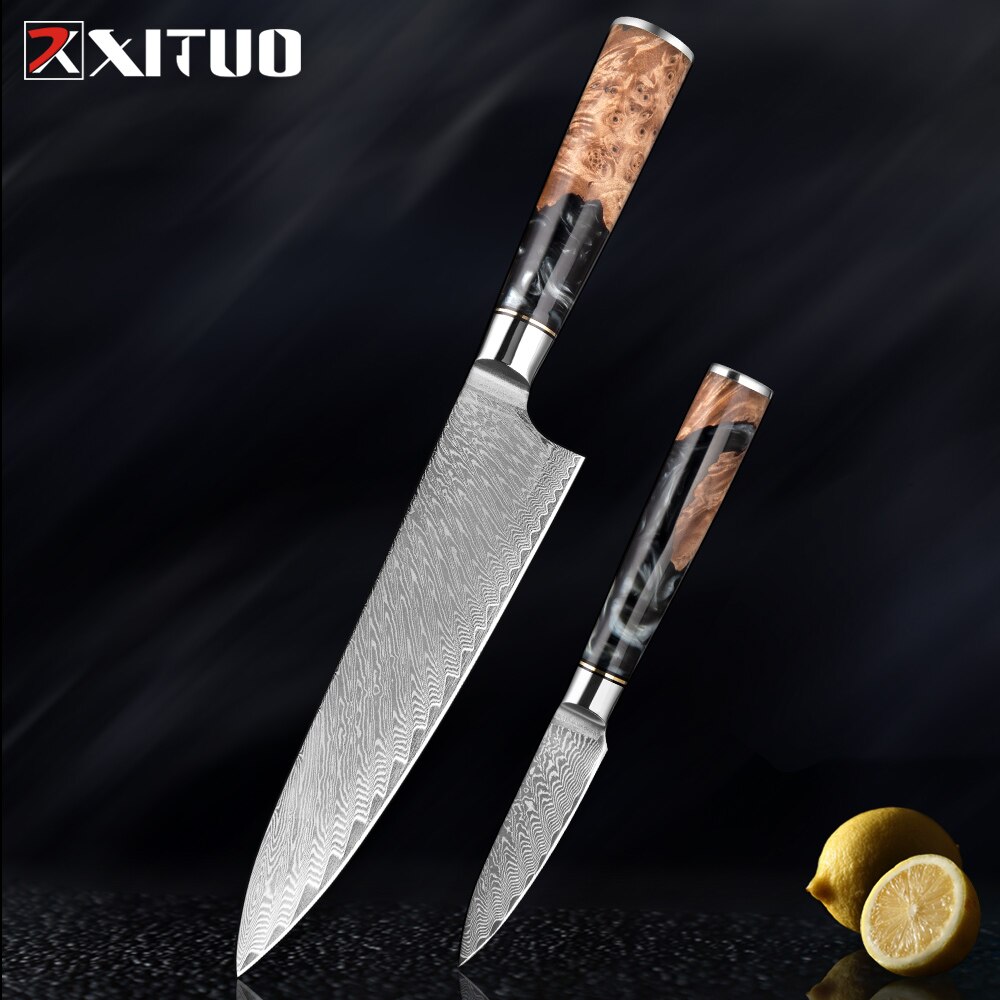 XITUO – ensemble de couteaux de cuisine en acier damas, couteau de chef japonais, couperet à pain utilitaire en résine et manche en bois stabilisé