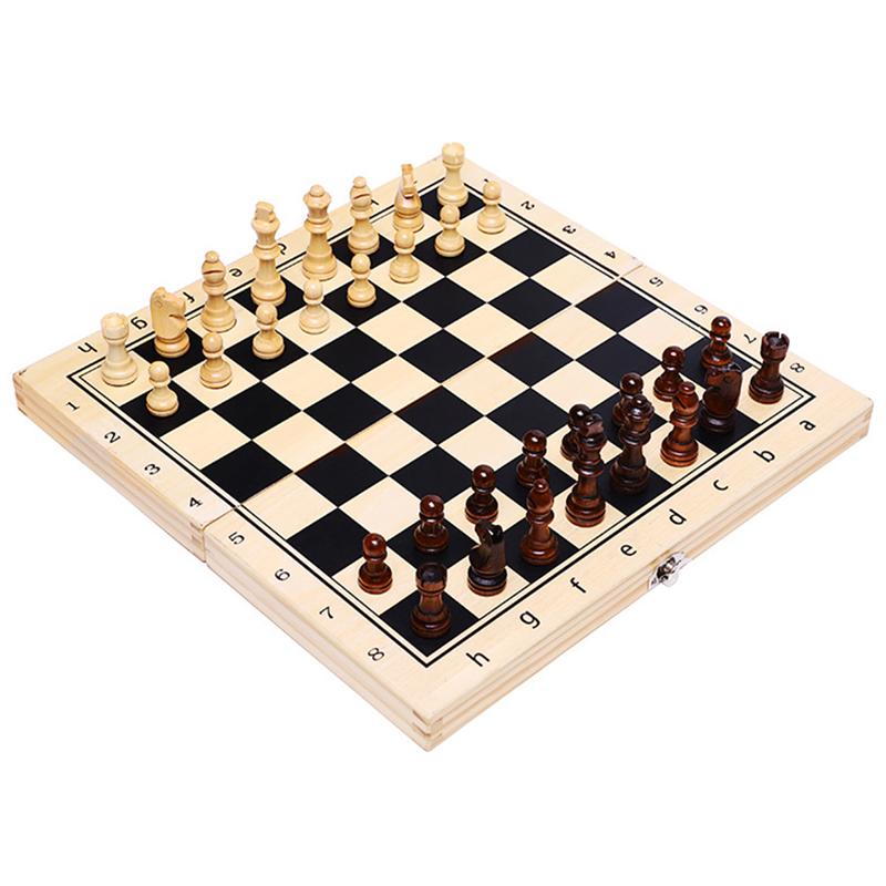 1 Set Foldable Chess Checkers Set Wooden Case Travel Chess Board Portable Classic Educational Toys for Home Kids Adults: 34X34X2.5cm