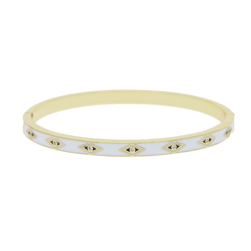 Evil Eye Bangle Bracelet for Women - Gold Color Enamel - Adjustable - Cubic Zirconia - Sdzstone: White