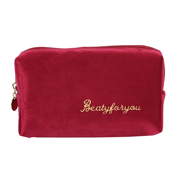 PURDORED 1 Pc Solid Color Cosmetic Bag Soft Velvet Women Make Up Bag Travel Makeup Storage Organizer Toiletry Wash Bag Neceser: M red