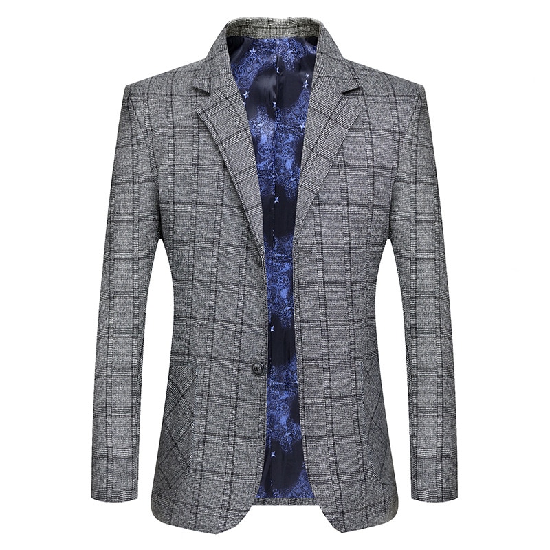 Brand Men's Business Casual Blazer Jacket Slim Gray Plaid Business Dress Suit Coats Male Formal Work Party Clothing