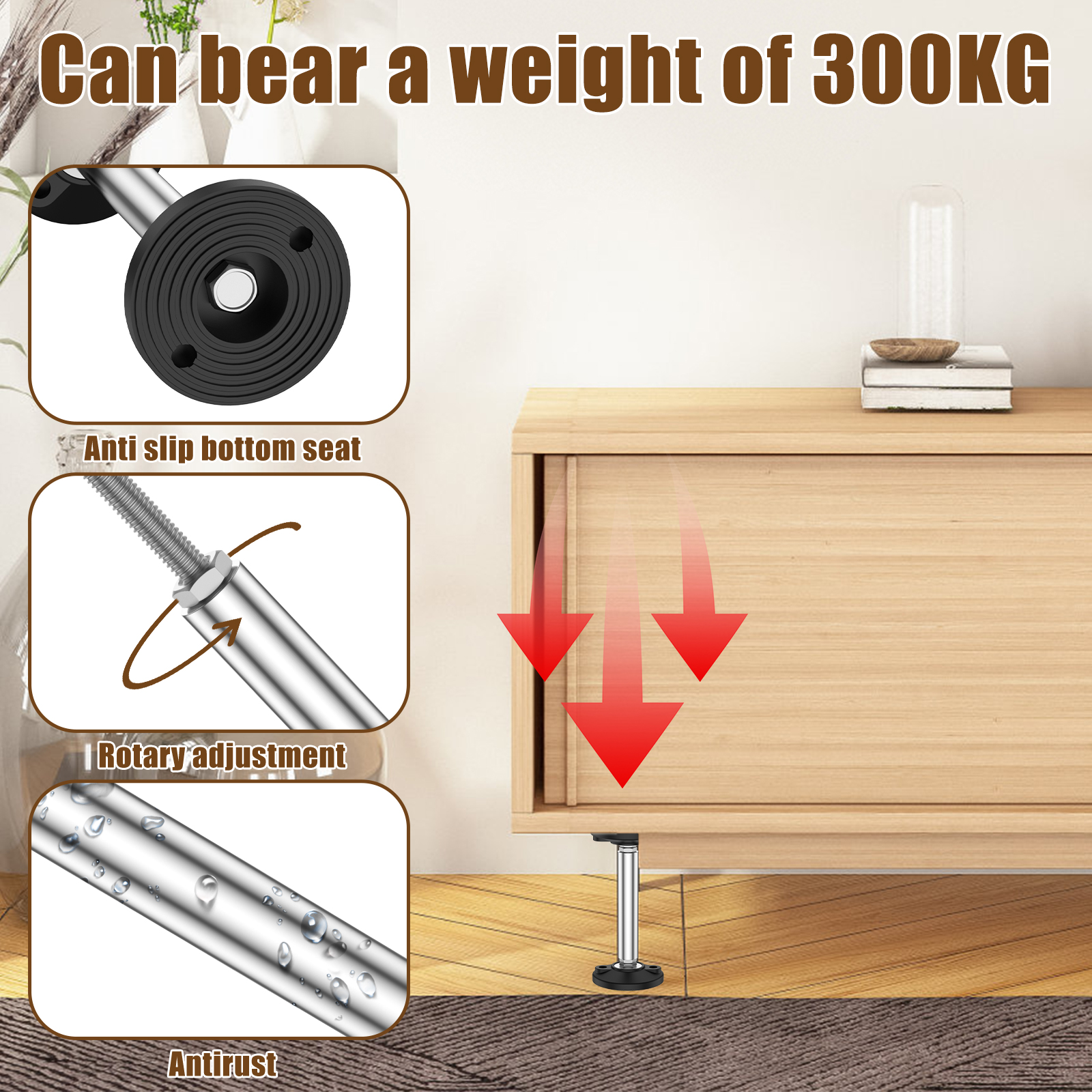 2Pcs Telescopic Support Rod Support Frame Jack 300kg Weight Capacity Adjustable height Furniture heightening legs