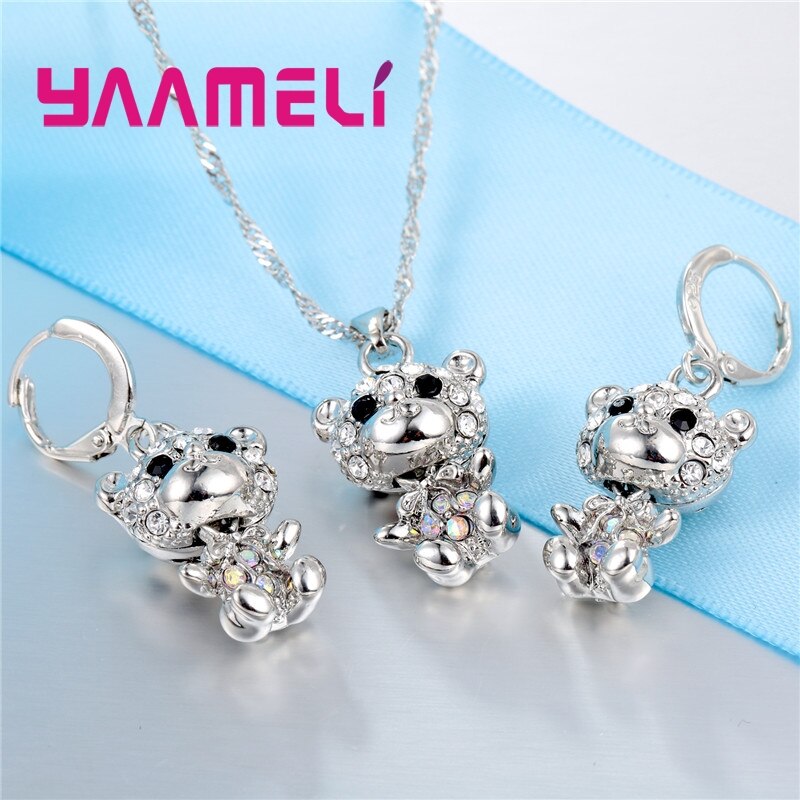 Cool 925 Sterling Silver CZ Stone Animal Bear Charms Necklace Hoop Earring Pendant Jewelry Sets Best for Female