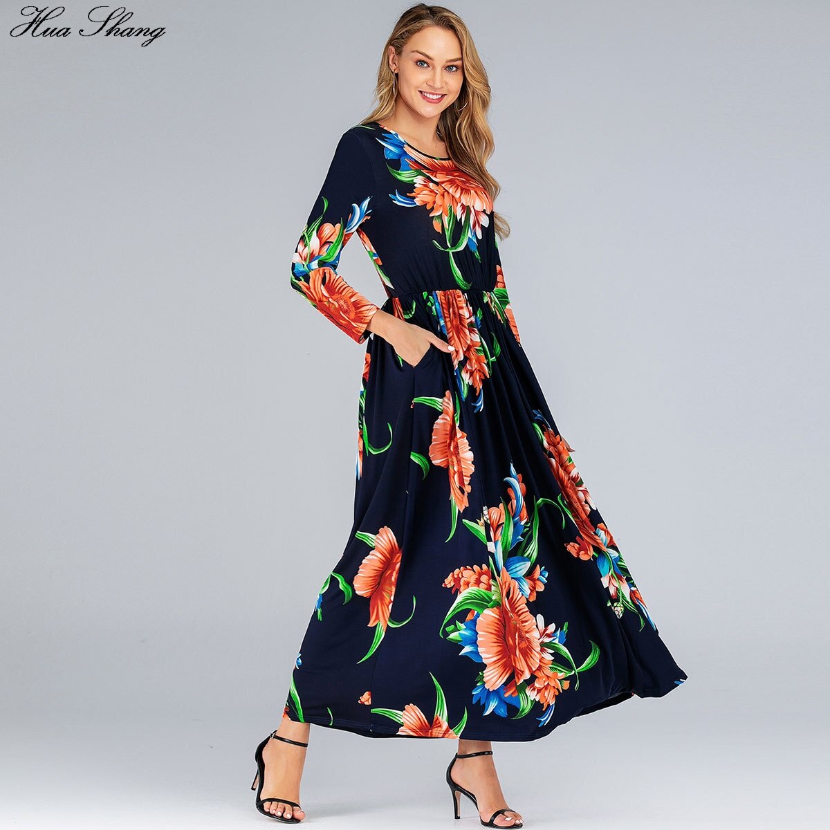 Plus size kjole 6xl kvinder sommer lange ærmer blomsterprint boho strandkjole lommer dame tunika maxi lange kjoler