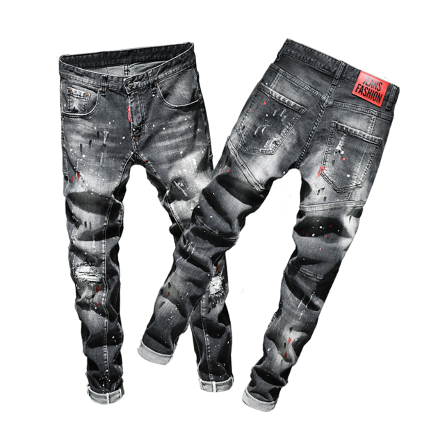 EH·MD® Ripped Hole Jeans Men's Paint Dots Ink Splattered Soft Cotton High Elastic Leather Label Black Grey Slim Pants Red Ears: 34