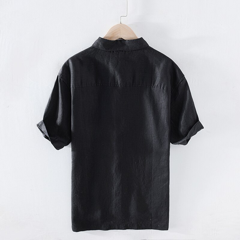 Retro contraste cor costura manga curta 100% puro linho camisa masculina casual arte magro ajuste preto roupas y2621