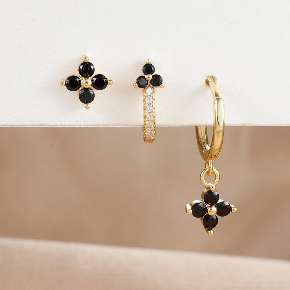 Conjunto de pendientes de aro pequeños con flores de acero inoxidable para mujer, aretes de joyería para Piercing de cartílago Huggie chapados en oro de 18 quilates, 3 uds.: Color oro puro