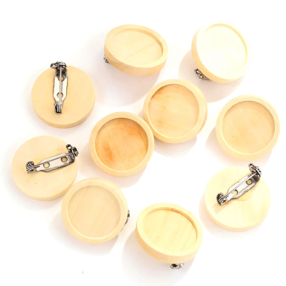 10pcs Blank Wood Cabochon Brooch Base Settings Fit 20 25 30 40mm Round Bezel Tray Diy Brooches Pin Backs for Jewelry Making