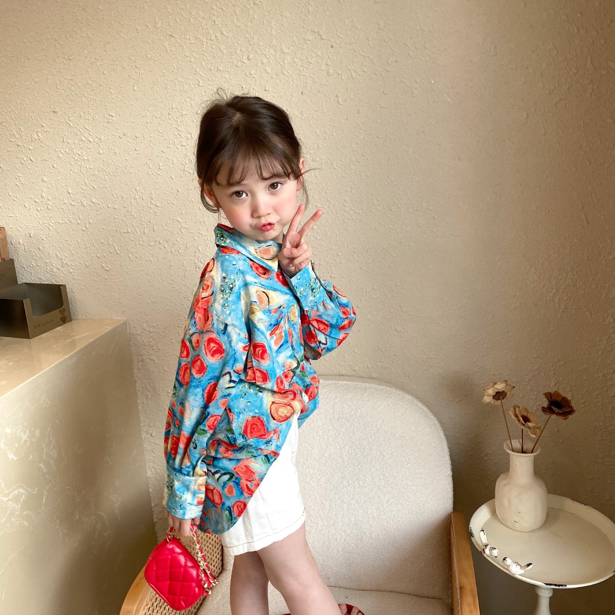 1000B 2022 camicette per ragazze a manica lunga primavera pittura a olio floreale stile retrò top per bambini vestiti per ragazze coreane abbigliamento per bambini