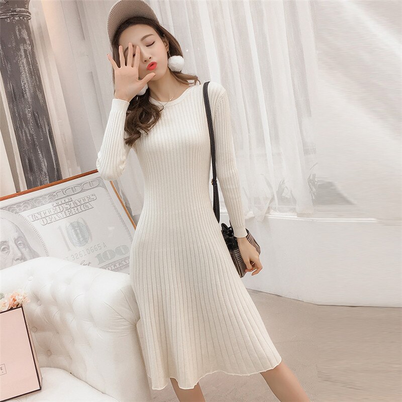 Women Spring Autumn knitted Dress simple Slim Female render Dress Temperament Long sleeve long Dresses QZ022: apricot